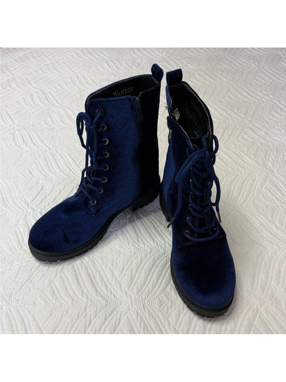 Wanted Women’s Blue Velour Lace Up Combat Boots. Size 8